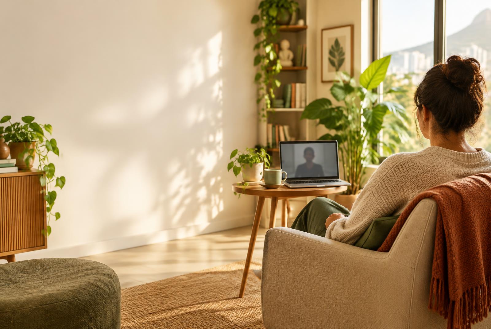 Pessoa participando de uma sessão de terapia online em um ambiente acolhedor